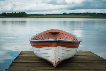 Fototapeta premium A small red and white rowboat sits on a wooden dock facing a calm lake under a cloudy sky.