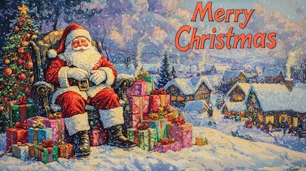 Obraz premium Santa Claus with Colorful Gifts in Snowy Christmas Village Landscape