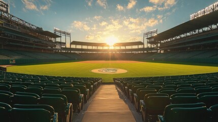 Obraz premium Green stadium seats in sunlight, rows and patterns creating symmetry