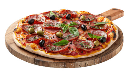 Pepperoni pizza with salami and olives on white transparent background
