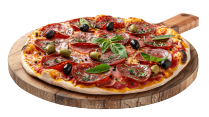 Pepperoni pizza with salami and olives on white transparent background
