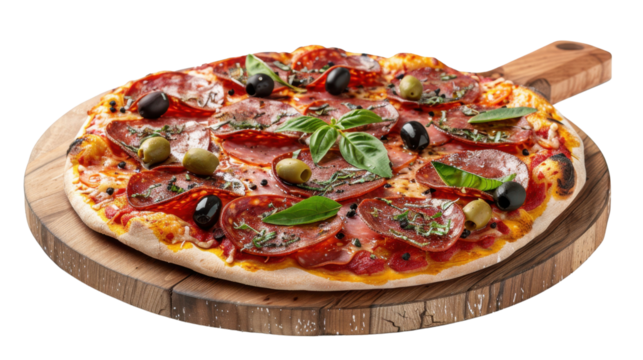 Pepperoni pizza with salami and olives on white transparent background
