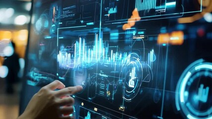 Holographic marketing icons in B2B: Business professionals leveraging digital interfaces for sales and marketing automation