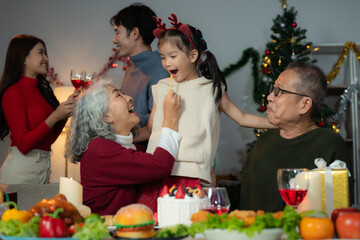 Dinner and Family holiday celebrating, together at Merry Christmas and  New Year. in a cozy festive home setting.