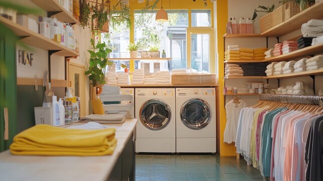 Laundry booking platform in France, easy online scheduling for pickup and delivery, vibrant and organized.