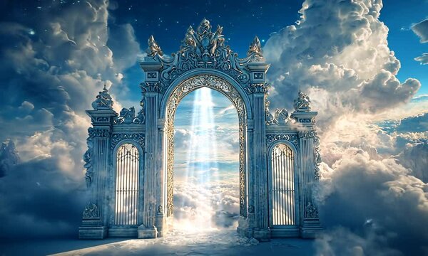 A majestic archway amidst clouds, leading to a serene sky filled with light and birds.