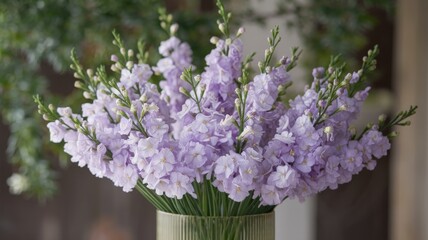 Close-up of lavender stock flower bouquet in vase