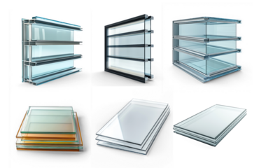 Collection of Insulating glass unit with visible layers. isolated on transparent background
