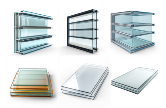 Collection of Insulating glass unit with visible layers. isolated on transparent background