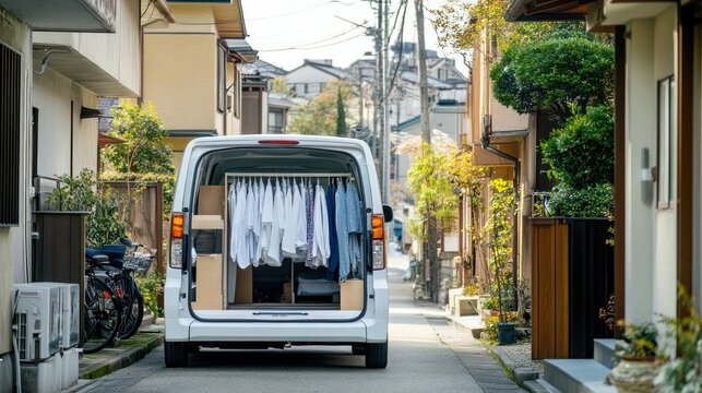 Laundry delivery service in Japan, van delivering clean laundry to clients homes, efficient and organized.