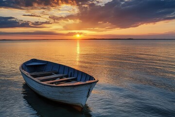 A small white boat on the water at sunset.