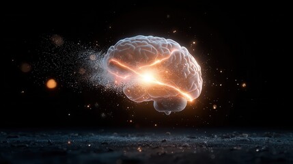 Conceptual visualization of a glowing brain with sparkles and particles representing intelligence, creativity, and cognitive processes on a dark background