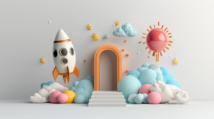 Vibrant 3D Illustration of Playful Rocket, Colorful Clouds, and Cheerful Sun Against a Bright Background, Ideal for Children's Themes and Imagination Projects