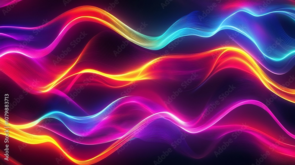 Wall mural pulsating neon soundwave against abstract black background with vibrant color spectrum