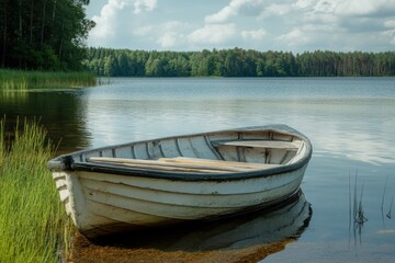 Obraz premium A small white boat sits on the shore of a calm lake with green trees in the background.