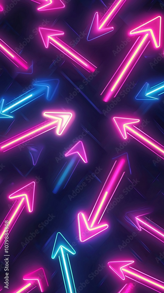 Poster neon arrow pattern with glowing arrows pointing in multiple directions creating dynamic energy