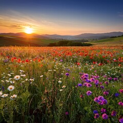 Fototapeta premium Vibrant Fields of Colorful Wildflowers Stretching Across a Rolling Meadow, Framed by Distant Hills and a Golden Sunrise in the Horizon, Captured for a Scenic Nature Landscape