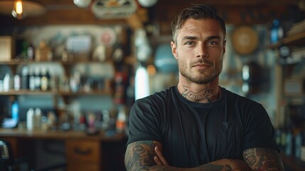 Confident young man with tattoos standing in a barbershop.