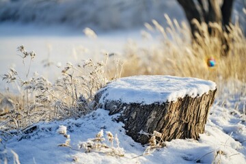 A snow-covered tree stump in a winter landscape.