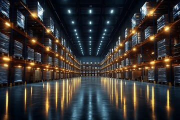 Warehouse Interior: Rows of Pallets, Lights Reflecting on Floor