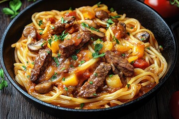 Pasta linguine with meat, chicken, vegetables, and meat.. Food Photography. High Quality Image