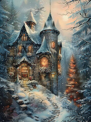 Obraz premium A Cozy Winter House with Christmas Lights