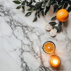 Fresh citrus and herbal arrangement kitchen counter food photography indoor top-down view organic lifestyle