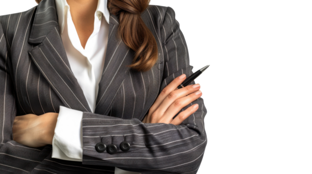 Hand of businesswoman with pen writing on white transparent background
