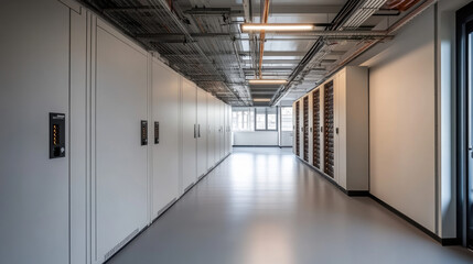 Fototapeta premium modern data center corridor featuring rows of server cabinets and efficient lighting. clean lines and organized layout create professional atmosphere, ideal for technology operations