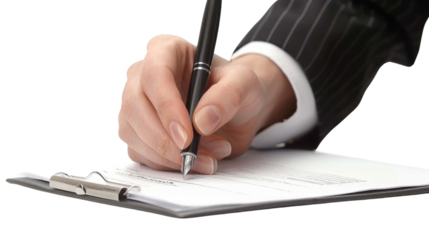 Hand of businesswoman with pen writing on white transparent background
