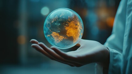 Fototapeta premium Exploring global connectivity hands holding earth digital globe urban environment close-up view technology impact
