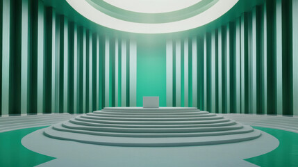 Obraz premium modern, minimalist interior featuring large, green space with tall columns and central podium. design evokes sense of tranquility and grandeur, perfect for presentations or ceremonies