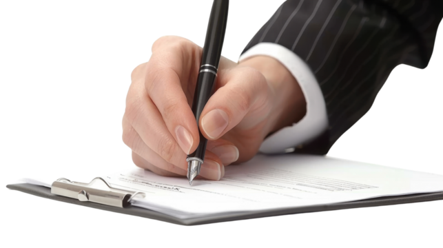 Hand of businesswoman with pen writing on white transparent background