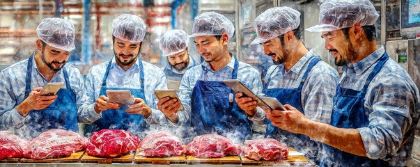 A Group of Butchers Analyzing Meat Cuts with Technology in a Modern Meat Processing Facility, Showcasing Precision and Innovation in the Food Industry