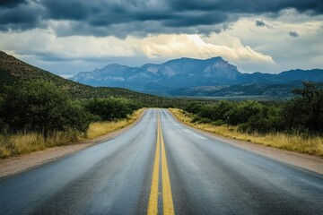Fototapeta premium A straight highway with yellow lines leads through a valley towards distant mountains under a cloudy sky.