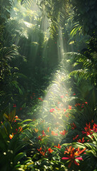 Naklejka premium A vibrant rainforest filled with dense green foliage and tropical flowers in shades of blue and pink with sunlight filtering through to create a magical glow.