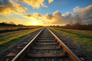 Fototapeta premium A straight railroad track leading to a bright sunset.