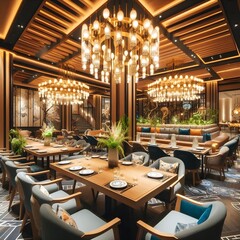 Fototapeta premium Stylish and Well-Lit Restaurant Interior at Night – Refined and Hygienic Setting