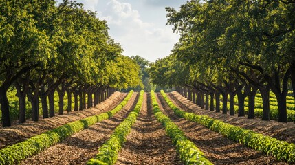 Obraz premium Pecan farm in the USA, organized rows with farmers harvesting nuts, green and structured.