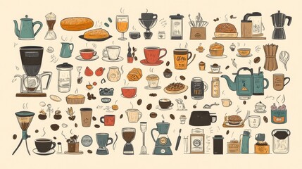 90.A vibrant set of doodles featuring different coffee cups, coffee makers, and bakery items, all drawn in a playful, cartoon-like style. The detailed illustrations capture the warmth and comfort of