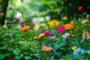 A vibrant field of colorful wildflowers in bloom, creating a stunning natural display.