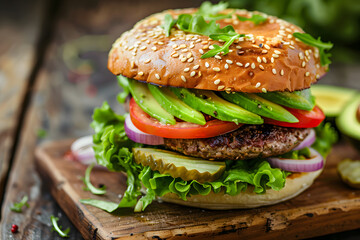 Delectable avocado burger with pepper jack cheese in cozy rustic diner atmosphere