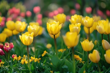 A vibrant field of yellow tulips basking in the warm glow of the setting sun.