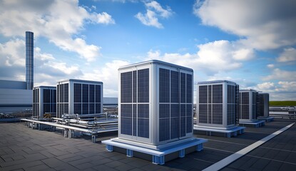 A group of large air conditioning units on the roof, with a blue sky and white clouds in the background. The composition is symmetrical,