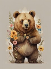 Watercolor Cartoon Bear Holding Flowers with Subtle Earthy Tones on White Background