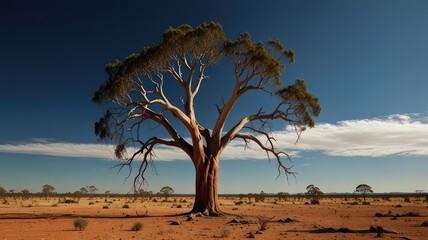 A towering gum tree stands tall against the harsh, dry landscape of the Australian outback. Its gnarled branches reach towards the cloudless sky, casting a shadow over the dusty ground below.
