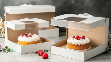 38.A set of cardboard cake packaging boxes with transparent windows, shown from different angles. The boxes are simple and sleek, with clean white surfaces and easy-to-hold handles. The transparent