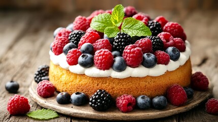 32.A moist sponge cake topped with a medley of fresh berries, including blackberries, raspberries, and blueberries, all nestled on a bed of light cream. The cake sits on a rustic wooden surface, with