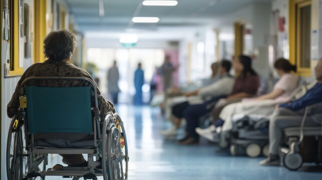 Recovery support for illness in France, organized care team helping patients, peaceful and structured.