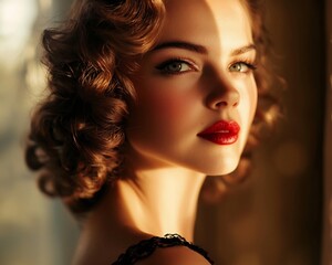 Fototapeta premium Glamorous Vintage Inspired Woman Portrait in Soft Warm Lighting